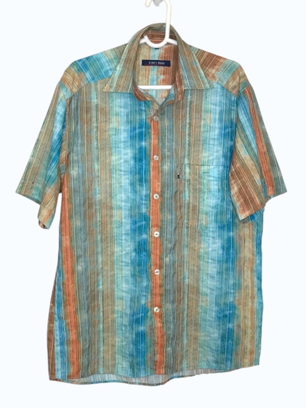 King’s Road Short Sleeve Button Up Shirt Mens M Blue Brown Striped Casual